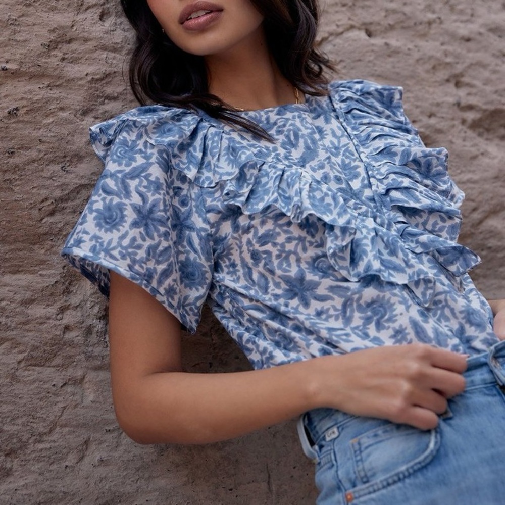 MIRTH Bergen Floral Blue Cotton Silk Blouse Ruffle Top in Bluebonnet
